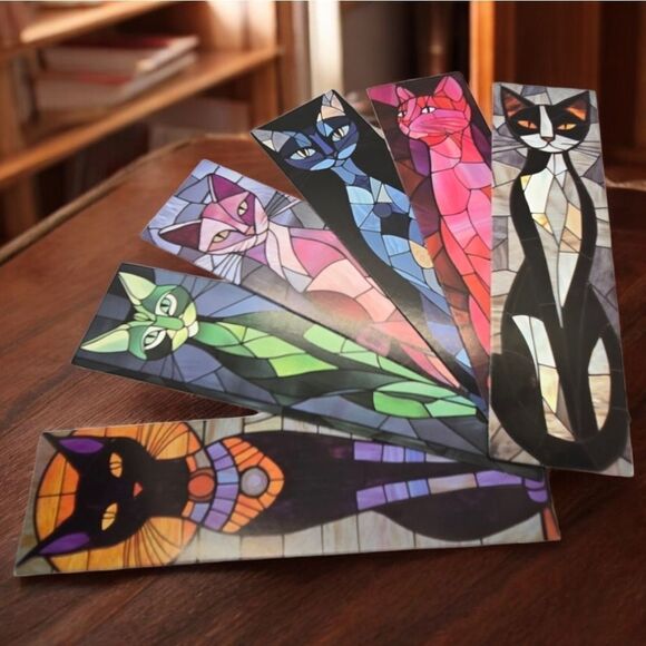 6pcs Stained Glass Black Cat Bookmarks Book Marker Clips Reading Cleopatra Tux - Picture 2 of 3